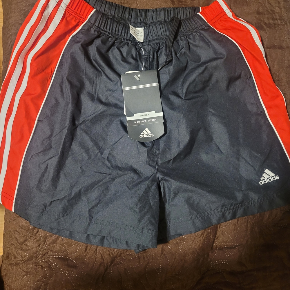 adidas Womans Navy Athletic Shorts with Red Side Stripes